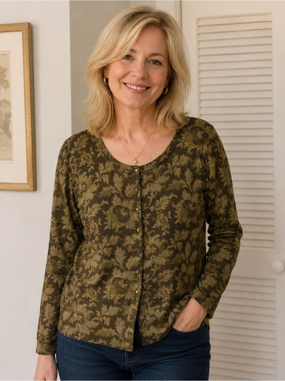 Talbots Pure Italian Merino Wool Floral thin Cardigan Olive Size X